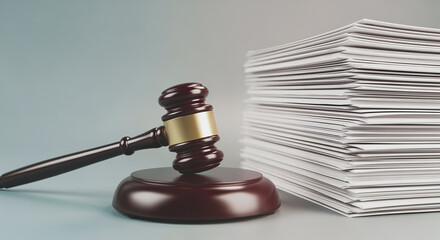 Wooden gavel legal files stack. Symbol of justice, law, legal system, courtroom, court hearing, trial, verdict, penalty. Representing concepts of jurisprudence, decision making, legal proceedings