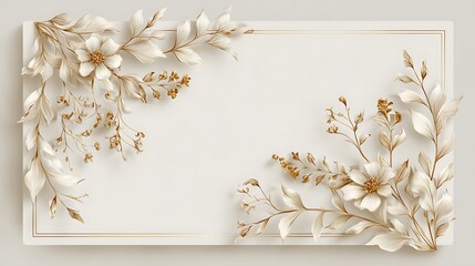 Elegant floral frame with white and gold flowers and leaves on a white background with gold border