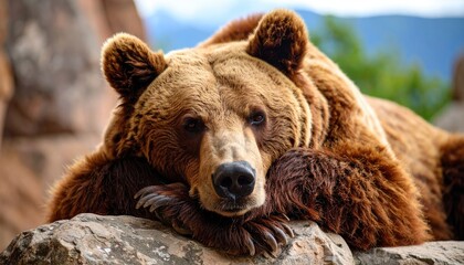 Fototapeta premium Grizzly bear resting on rock