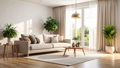 Bright Living Room with Beige Sofa, Plants, and Natural Light Streaming Through Sheer Curtains