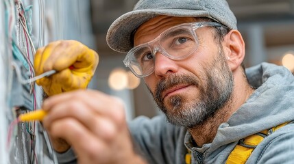 Electrician at Work, vibrant safety gear, engaged in indoor repairs, showcasing precision and focus, with intricate details in a well-lit environment