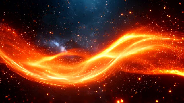 Energetic fire stream glowing with particles on galaxy background abstract footage