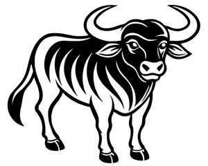 Stylized Black and White Bull, Powerful African Animal Vector Illustration, Strong and Majestic Design