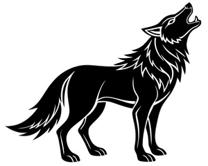 Black and white stylized wolf howling at the moon; powerful, majestic, tribal art style.