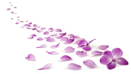 Obraz na płótnie Canvas Scattered purple flower petals leading to a full orchid on white