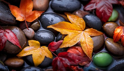 close up of wet colorful stones and autumn leaves in rain