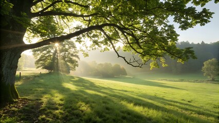 sunlight shining though the tree with grass field 