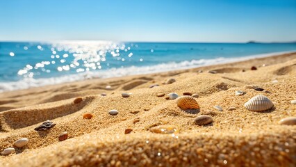 Close up of beach sand against the background of the sea on a sunny bright summer day 