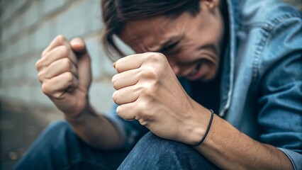A man in distress clenches his fists with an expression of anguish