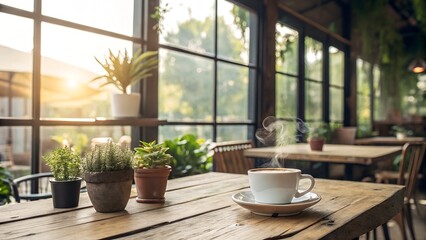 A rustic wooden table in a sunny cafe 