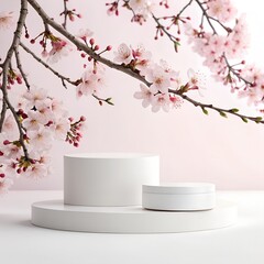 minimal product display white podium with cherry blossom background