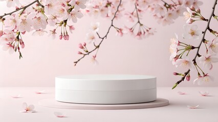 minimal product display white podium with cherry blossom background