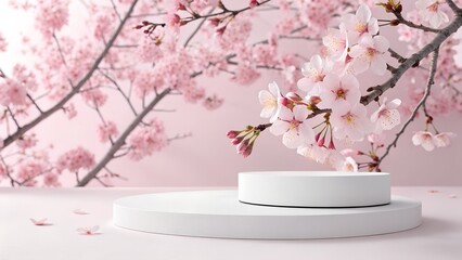 minimal product display white podium with cherry blossom background