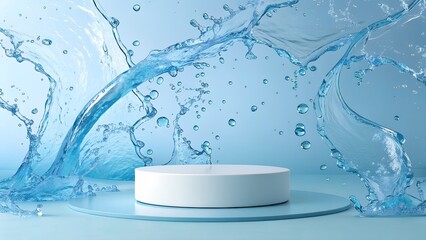 3d cosmetic background. podium with abstract water splash blue background 