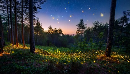 a serene forest scene illuminated by glowing fireflies at dusk