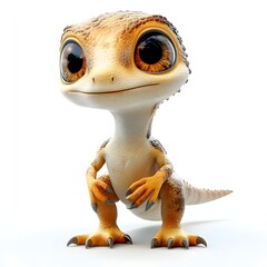 A charming cartoon lizard with big, brown eyes and a cute smile stands on a white background, radiating a friendly aura. Baby dinosaur isolated on a white background.