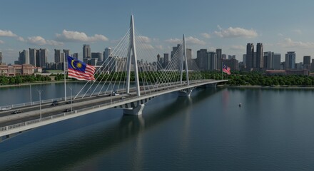 Obraz premium Majestic Bridge Spanning Across the Cityscape with Malaysian Flags