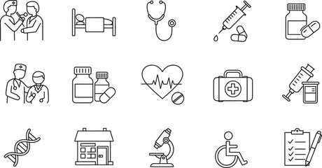 Medical & Healthcare Line Icon Set: Essential Outline Vectors for Hospital, Pharmacy, Diagnostics, and Patient Care - Modern Health Graphics.