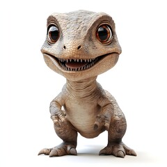 A cute, cartoon raptor with big brown eyes and a friendly smile! Scaly texture adds realism. Perfect for kids' designs. Baby dinosaur isolated on a white background.