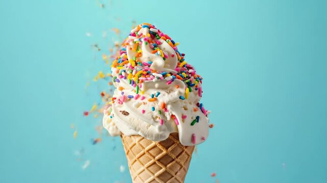 Ice cream cone with colorful sprinkles falling on a light blue background. Summer dessert treat footage.