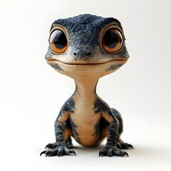 A charming blue-grey lizard with orange eyes smiles against a white backdrop. Detailed textures and a friendly expression make this reptile endearing. Baby dinosaur isolated on a white background.