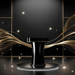 Elegant black (round)  podium background with flowing light golden lines 