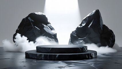 Empty black rock round podium for product presentation