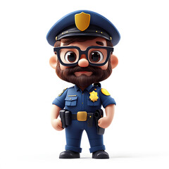 Cartoon cop stands at attention! Blue uniform, gold badge, beard, glasses. A friendly law enforcement officer ready for duty. isolated on a white background.