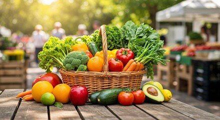 Fresh vegetables and fruits in a woven basket on market table  