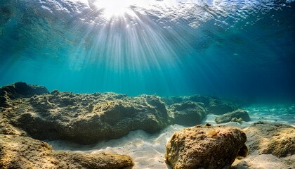 Fototapeta premium sunlight rays piercing through clear ocean water illuminating sandy seabed and rocky formations