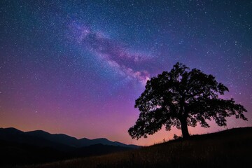Silhouette of a lone tree under a stunning colorful galactic night sky backdrop