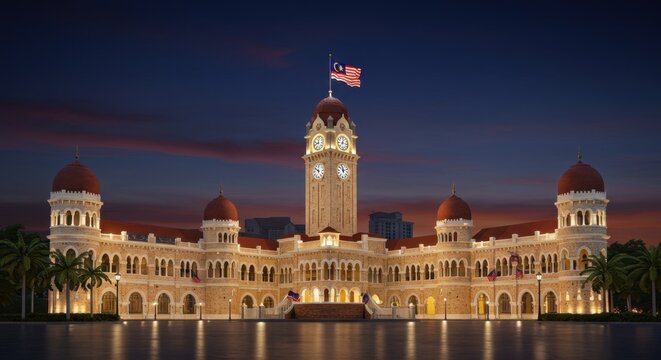 Majestic Sultan Abdul Samad Building at Night in Kuala Lumpur, Malaysia: A Stunning Architectural Landmark Illuminated
