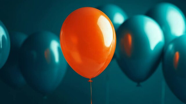 Vibrant orange balloon pops against a sea of teal, embodying uniqueness concept