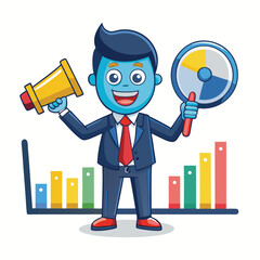 Cartoon business person holding a megaphone and a pie chart, in front of bar graphs