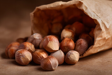 Hazelnuts spill from a brown paper bag, creating a warm, inviting scene perfect for food blogs, packaging designs, or healthy snack promotions.