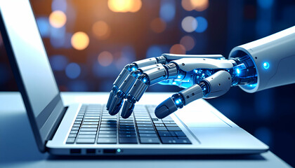 An advanced robotic hand with glowing blue lights delicately interacts with a modern laptop keyboard.
