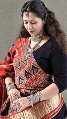 Indian woman in navratri outfit for playing garba. Wearing chaniya choli with gajji silk dupatta...