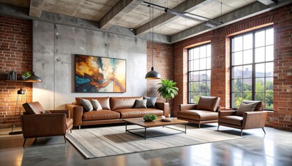 Industrial Chic Loft Living Room: Exposed Brick, Leather Furniture, and Abstract Art