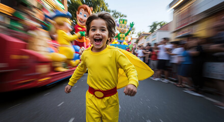 Excited child yellow costume running motion blur carnival parade background laughing joyfully. Young participant festive celebration street festival. Dynamic movement energy concept