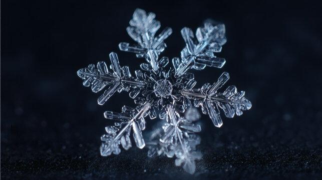 Exquisite macro image of a pristine snowflake showcasing its intricate, icy details.