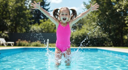 Happy caucasian girl pink swimsuit jumping pool water splashing arms raised excited expression. Child enjoying summer swimming activities. Recreation fun aquatic sports concept