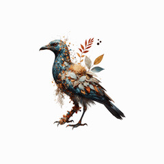 Obraz premium Mystical Bird: A stunning, artistic rendering of a stylized bird, adorned with intricate details of leaves and natural elements, stands out with unique textures and a captivating presence.