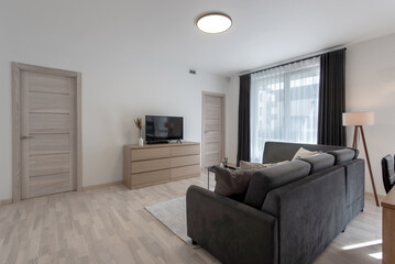 Modern Home Living Room with Minimalist Furniture and TV Flat Screen. Sofa and Windows