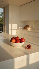 Modern Minimalist Kitchen with Golden Sunlight and Split Pomegranates on Marble Island 