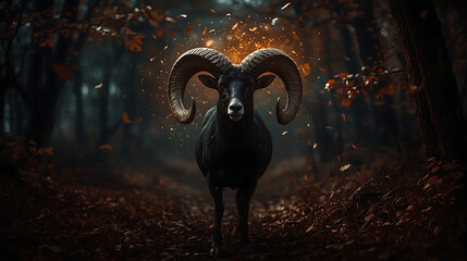 A fantasy-style black ram with spiraling horns stands in a dark, enchanted forest, surrounded by golden leaves and soft orange and brown tones, creating a powerful presence.