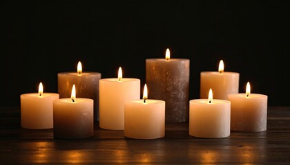 Group of lit candles on wooden surface