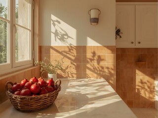 Mediterranean Kitchen with Terracotta Tiles and Pomegranates in Woven Basket by Sunlit Windowsill
