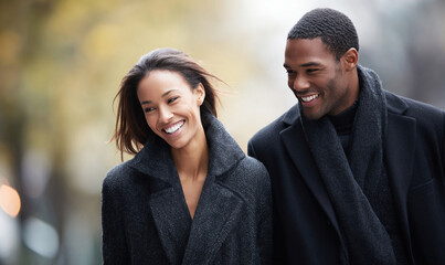 happy african american couple walking together in stylish winter coats, enjoying joyful moment outdoors. Their smiles warmth and connection amidst beautiful autumn backdrop