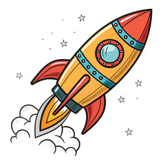 HandDrawn Cartoon Rocket Launching into Space A Vibrant Illustration of Exploration and Adventure isolated on transparent background