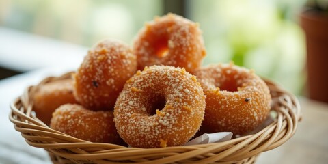 Sweet Doughnuts on Woven Basket, Perfect Snack
